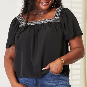 NEW Double Take Contrast Embroidered Trim Square Neck Puff Sleeve Blouse